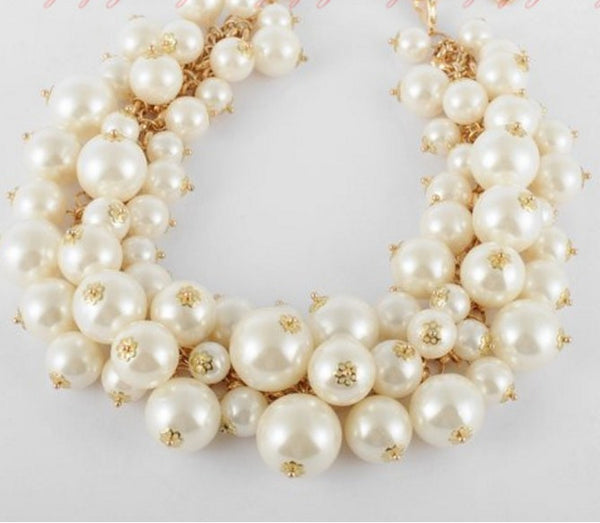 White Pearl Beads Cluster Choker Necklace